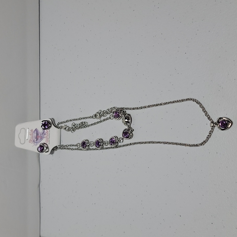 PURPLE & SILVER COLOR 💜 HEART 3PC SET NECKLACE,BRACELET & EARRINGS